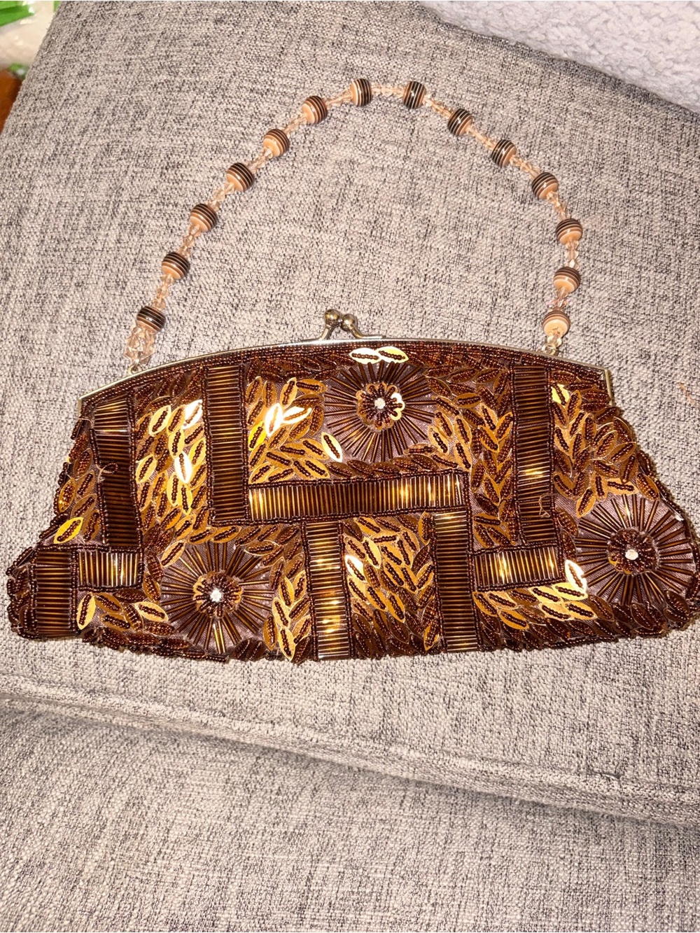 Beaded Brown and Gold Evening Clutch Handbag